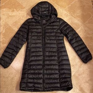 Long skinny puffer jacket